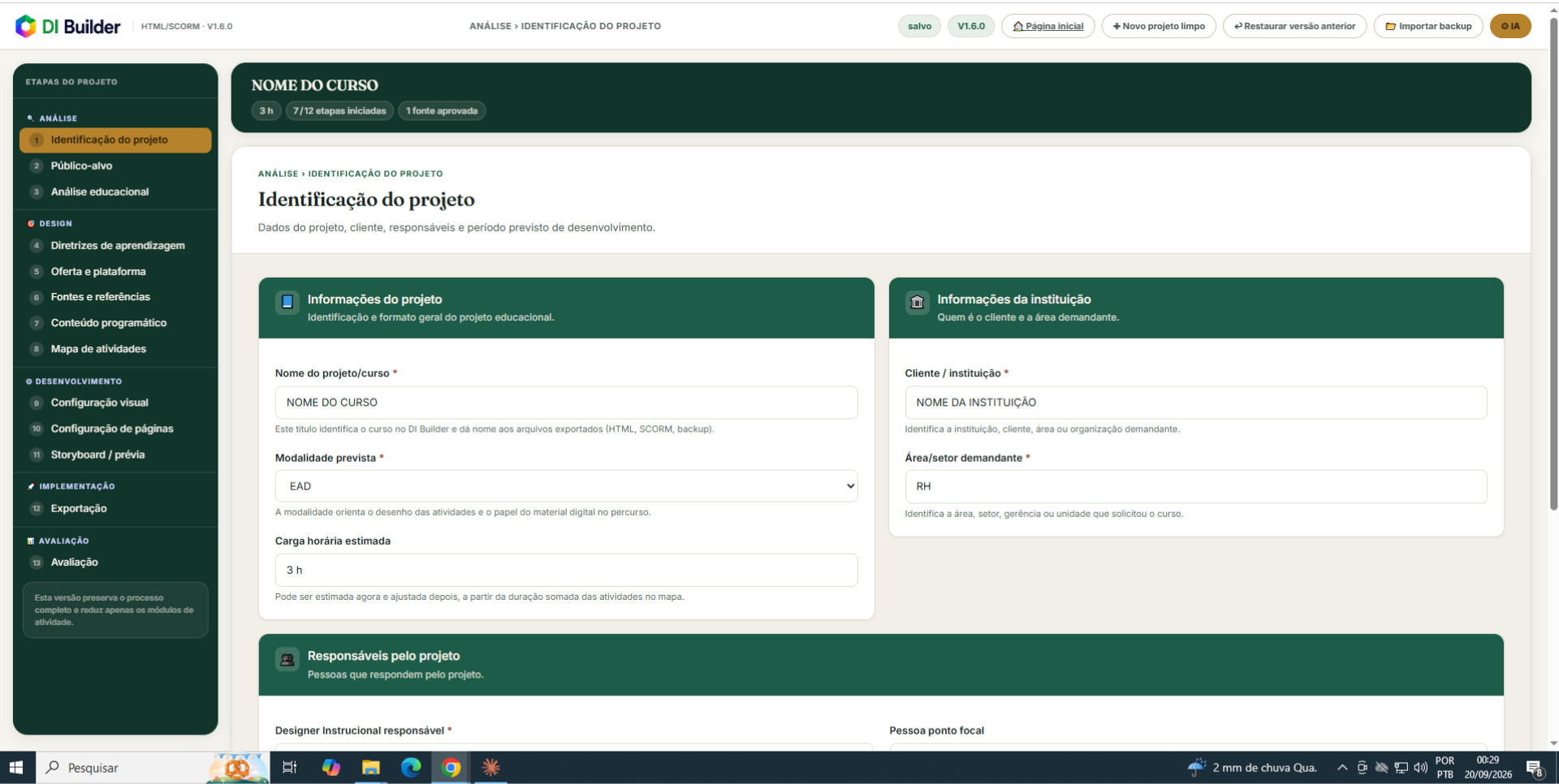 Interface do DI Builder mostrando as etapas do processo de Design Instrucional