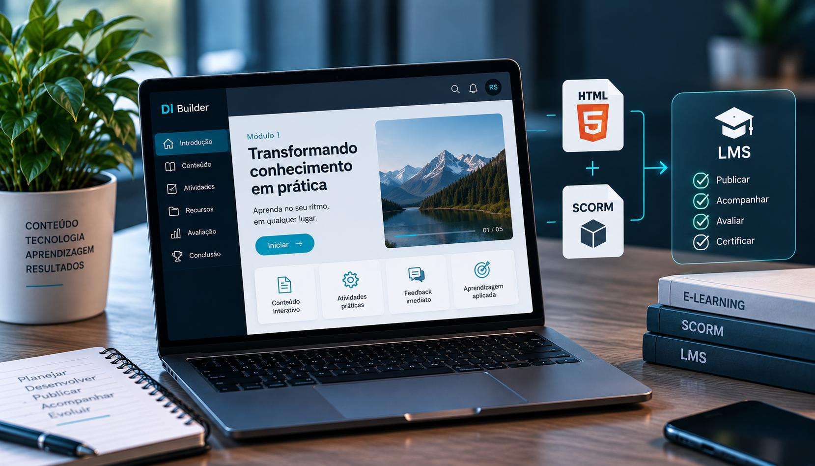 Conteúdo HTML e SCORM preparado para ambientes virtuais de aprendizagem.