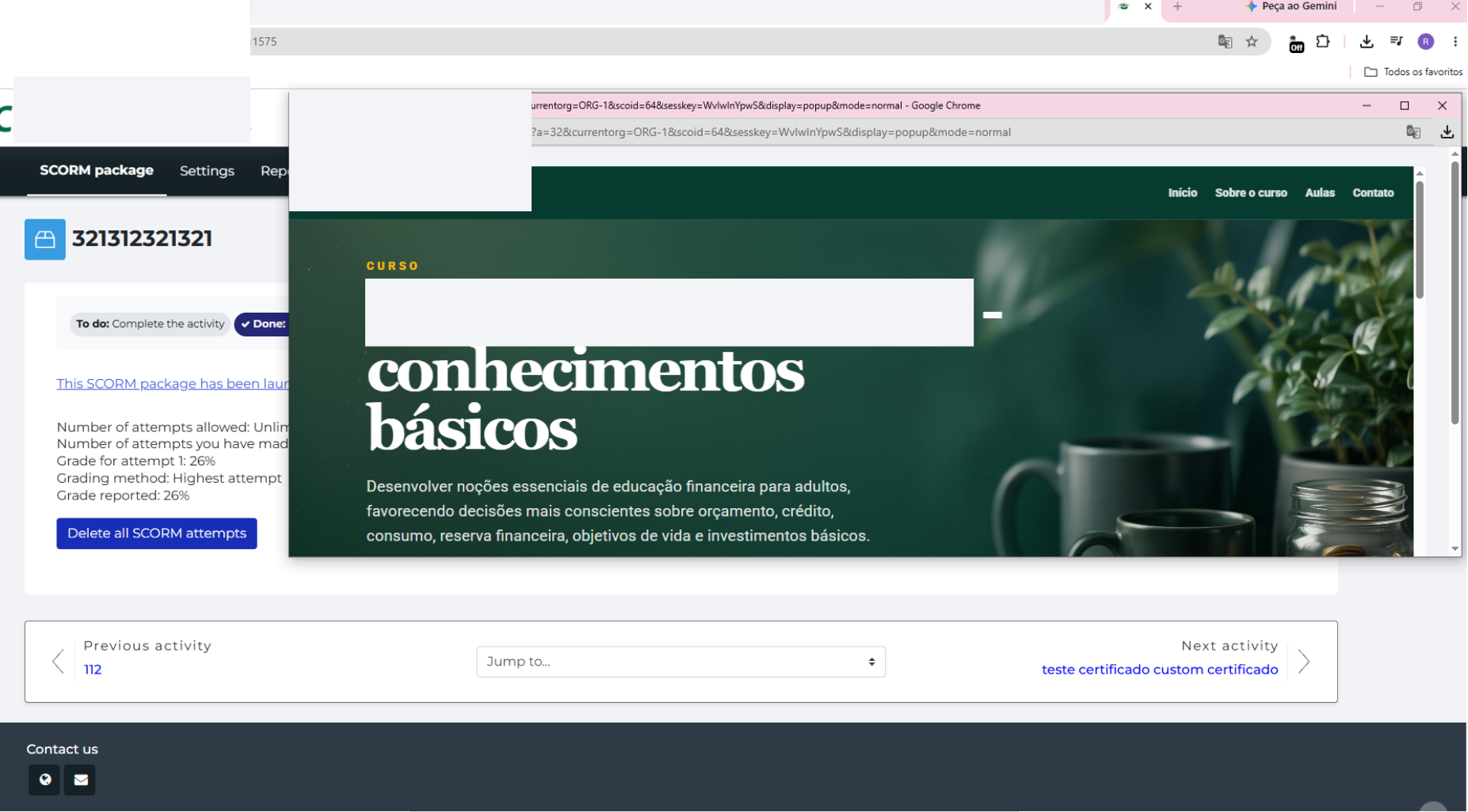 Curso produzido pelo DI Builder em SCORM executado no Moodle